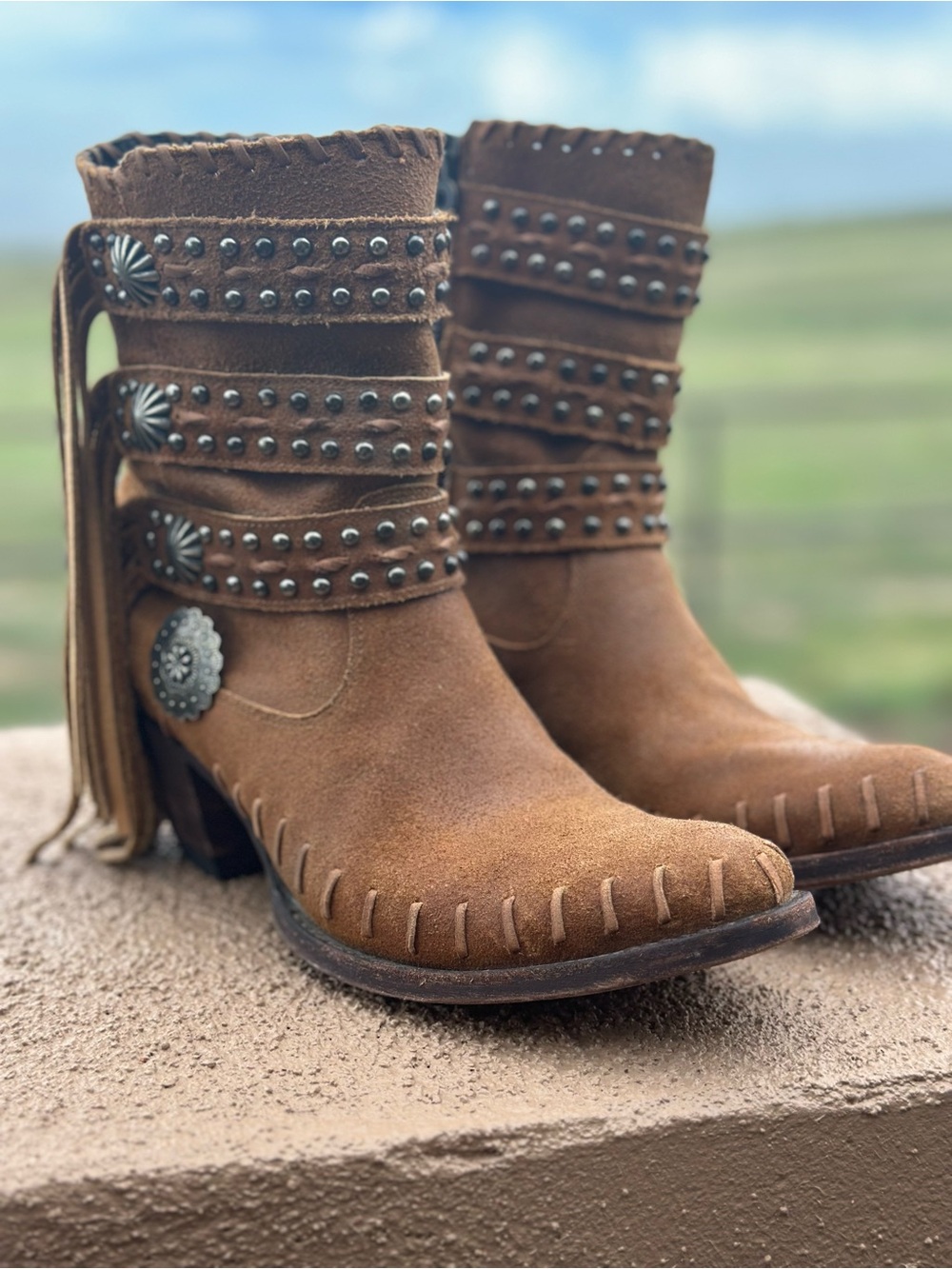 Double D Ranch Brown Suede Studded Fringe Ankle Boots size 8